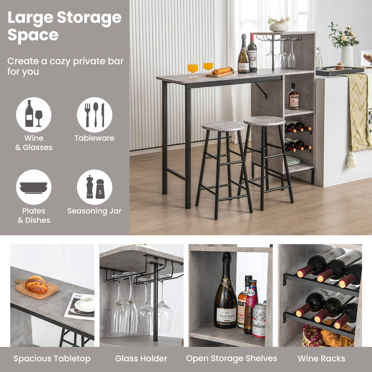 3 Pieces Bar Table and Chair Set with 6-Bottle Wine Racks for Dining Room-Grey