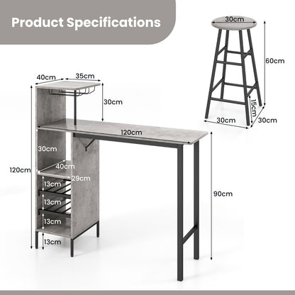 3 Pieces Bar Table and Chair Set with 6-Bottle Wine Racks for Dining Room-Grey