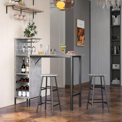 3 Pieces Bar Table and Chair Set with 6-Bottle Wine Racks for Dining Room-Grey