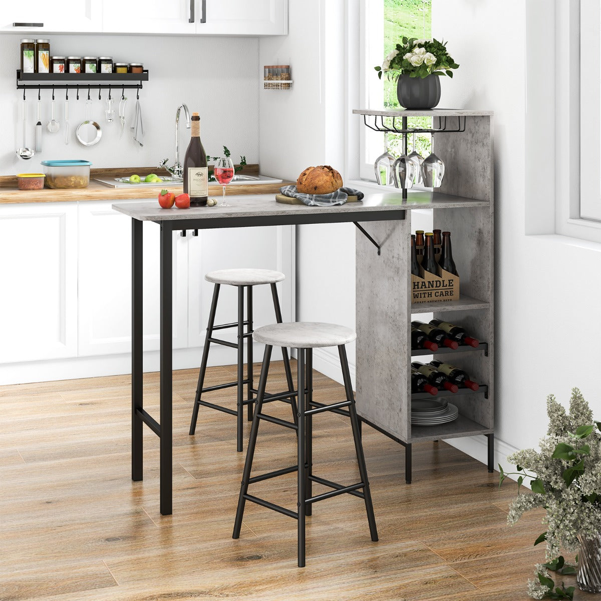 3 Pieces Bar Table and Chair Set with 6-Bottle Wine Racks for Dining Room-Grey