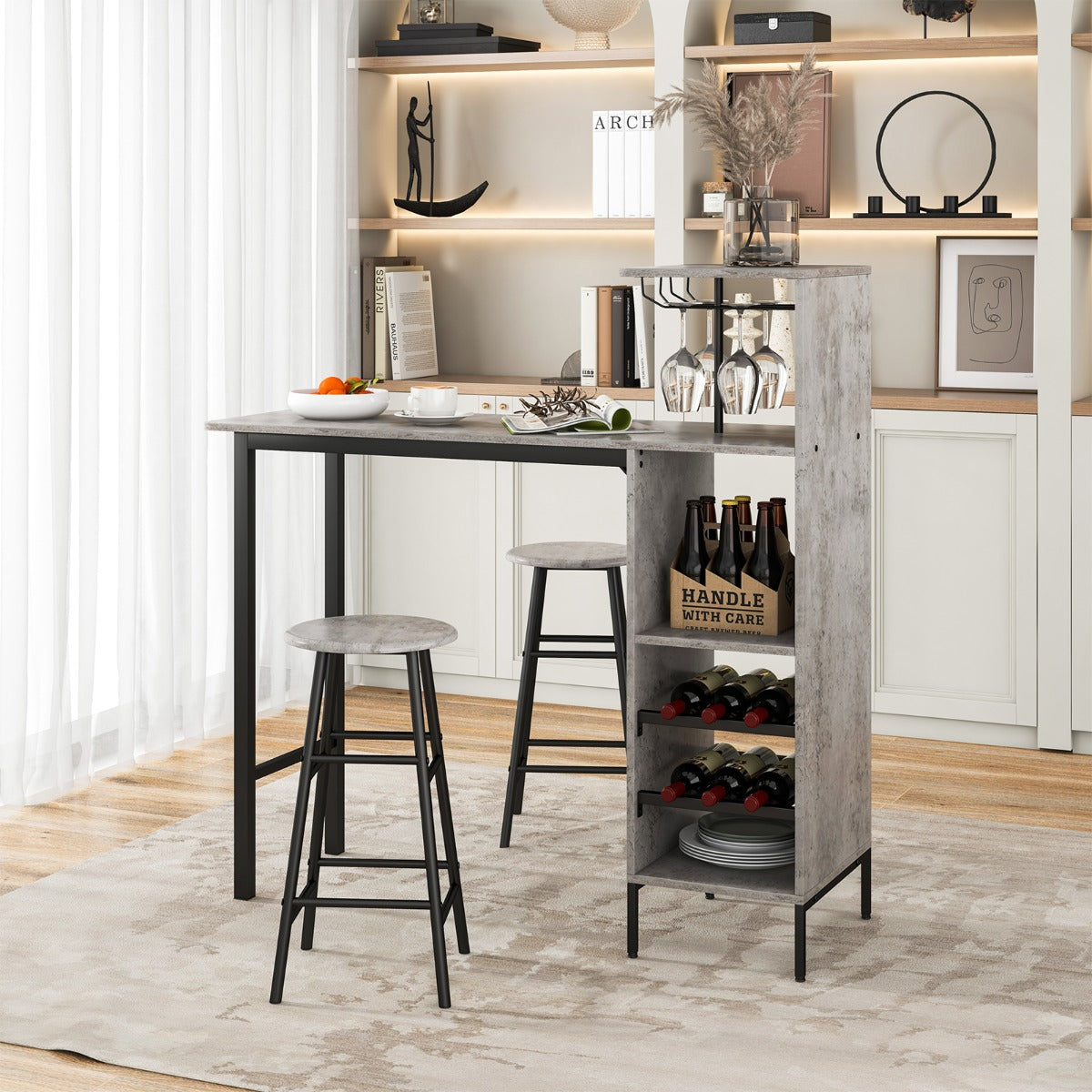 3 Pieces Bar Table and Chair Set with 6-Bottle Wine Racks for Dining Room-Grey