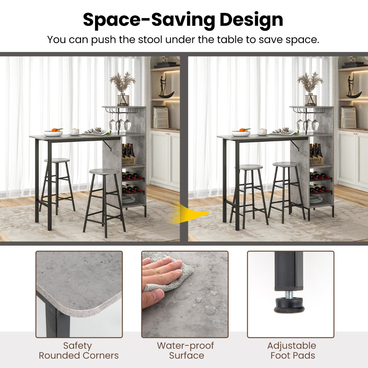 3 Pieces Bar Table and Chair Set with 6-Bottle Wine Racks for Dining Room-Grey