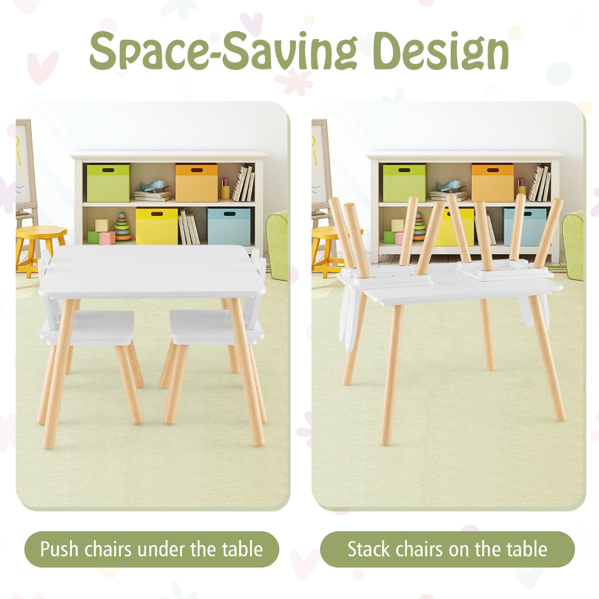Compact children's table and chair set suits playrooms, bedrooms, living rooms, classrooms, and daycares