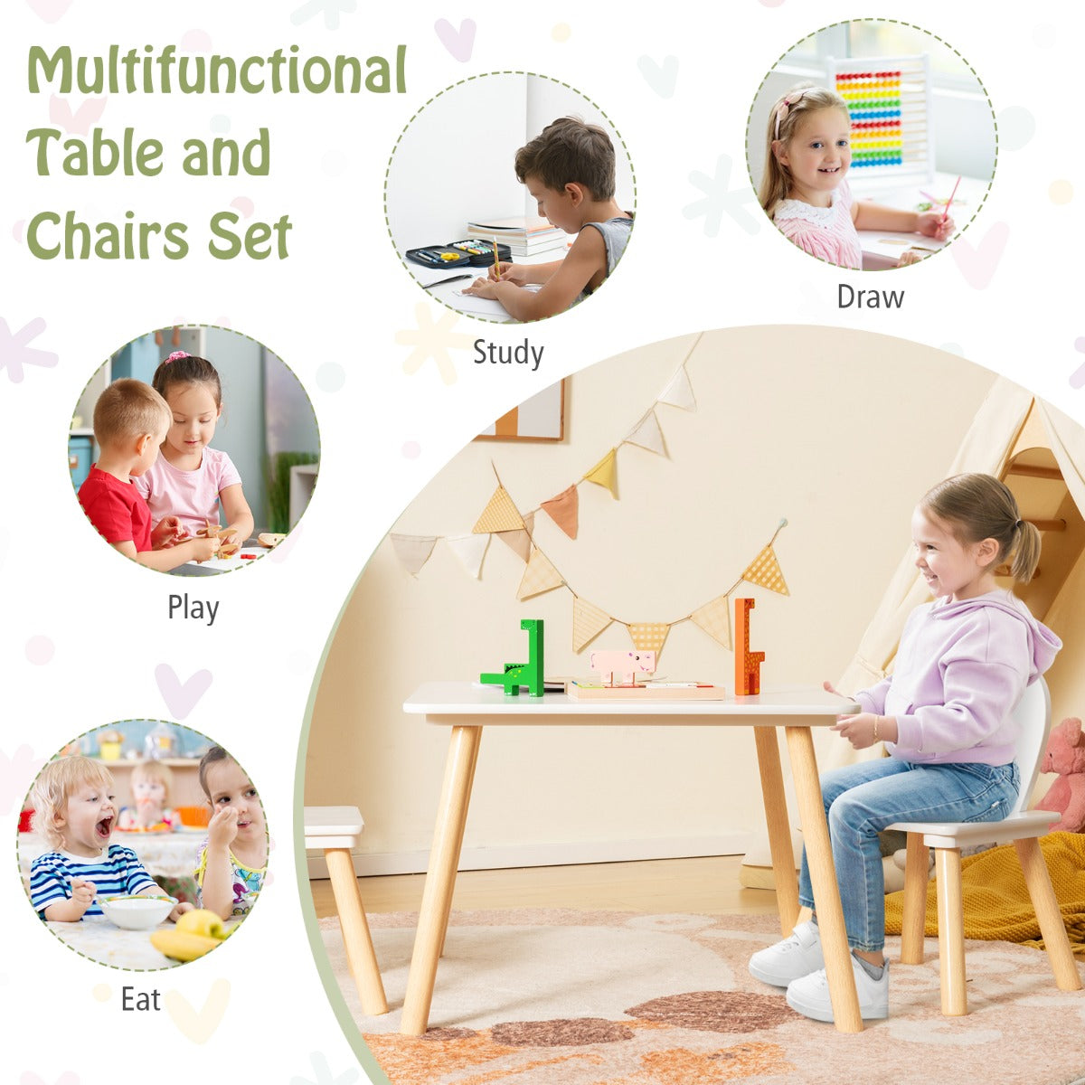 Two ergonomic kids chairs feature wide seats, comfortable backrests, and adorable bunny ear details