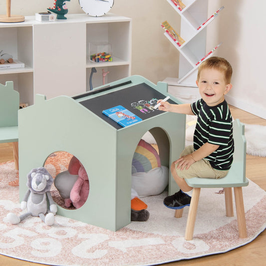 3 Pieces Kids Wooden Activity Play Desk and Chair Set with Chalkboards-Green