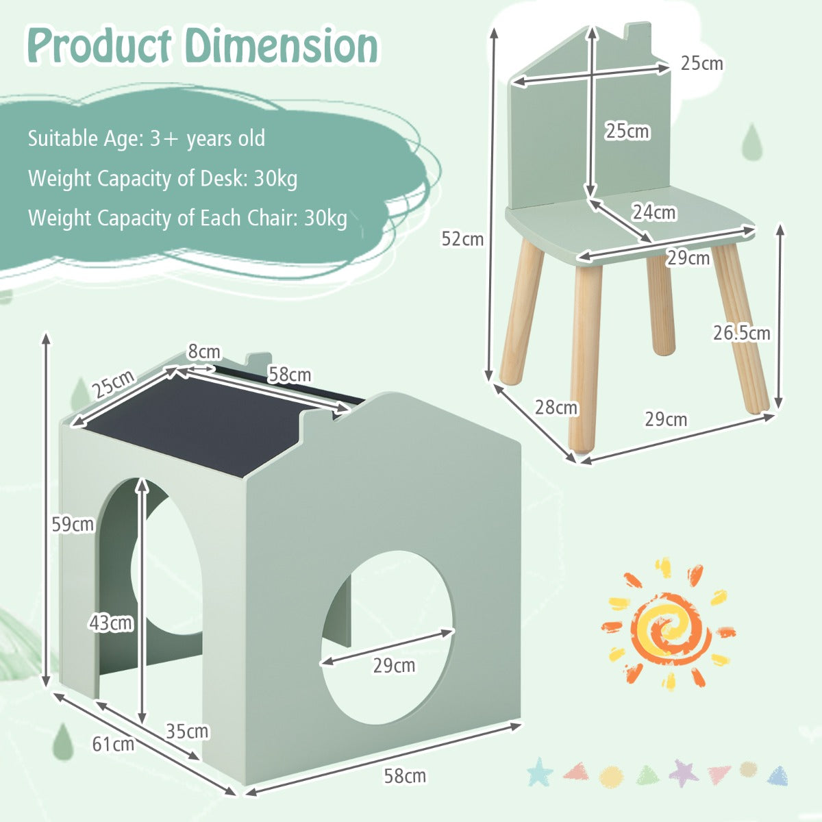 3 Pieces Kids Wooden Activity Play Desk and Chair Set with Chalkboards-Green