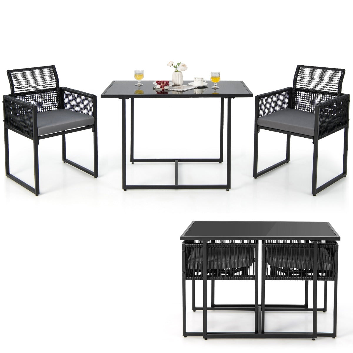 3 Pieces Outdoor Dining Set with Folding Backrest-Grey
