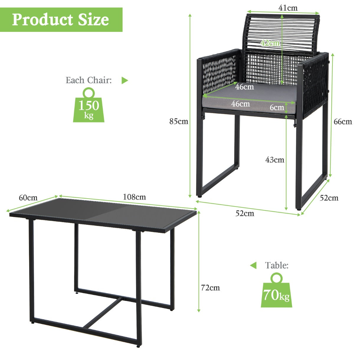 3 Pieces Outdoor Dining Set with Folding Backrest-Grey