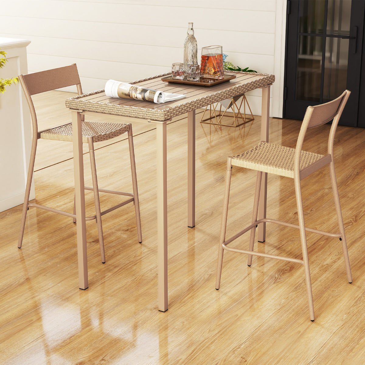 3 Pieces Patio Bar Table Set with Rattan Seat and Slanted Backrest-Brown