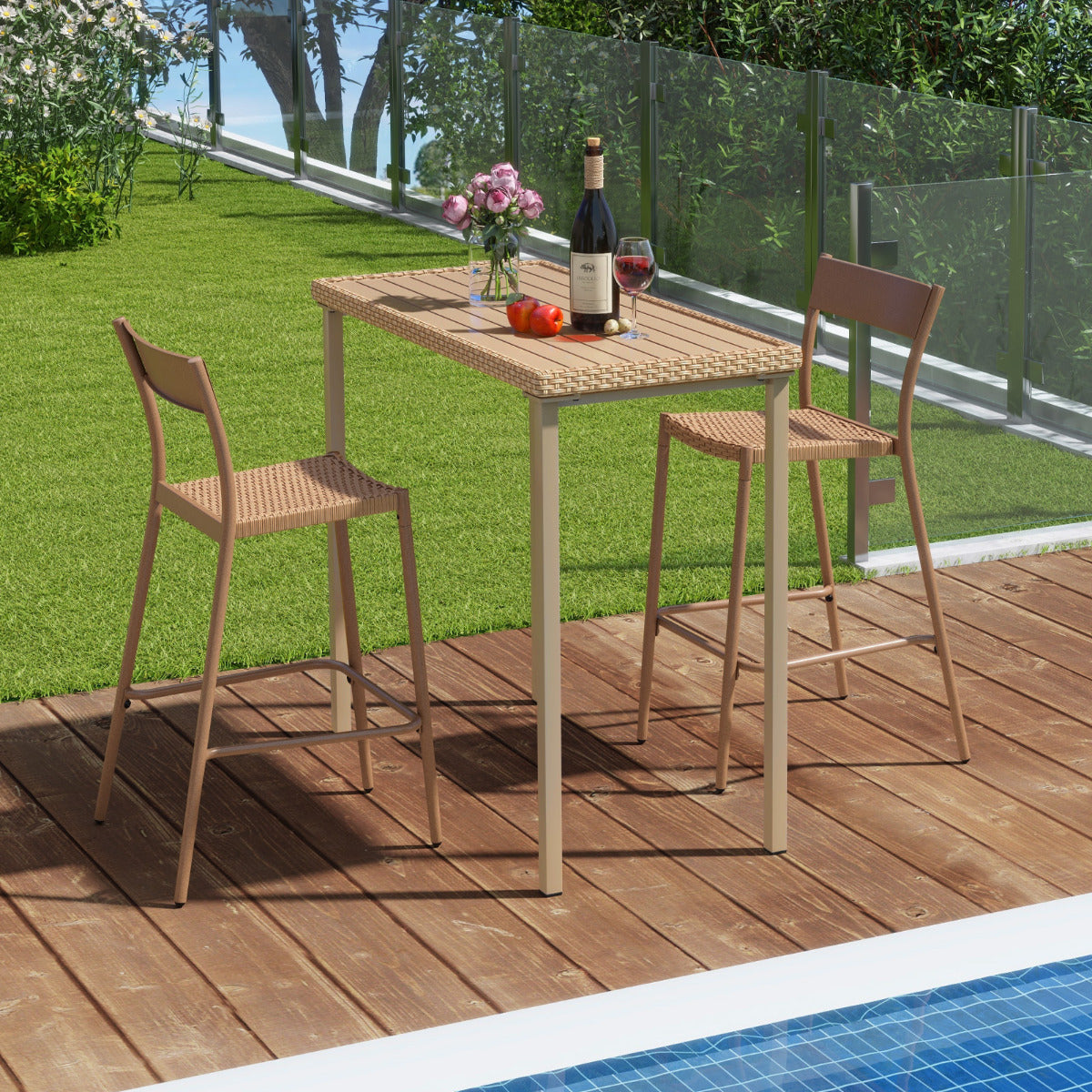 3 Pieces Patio Bar Table Set with Rattan Seat and Slanted Backrest-Brown