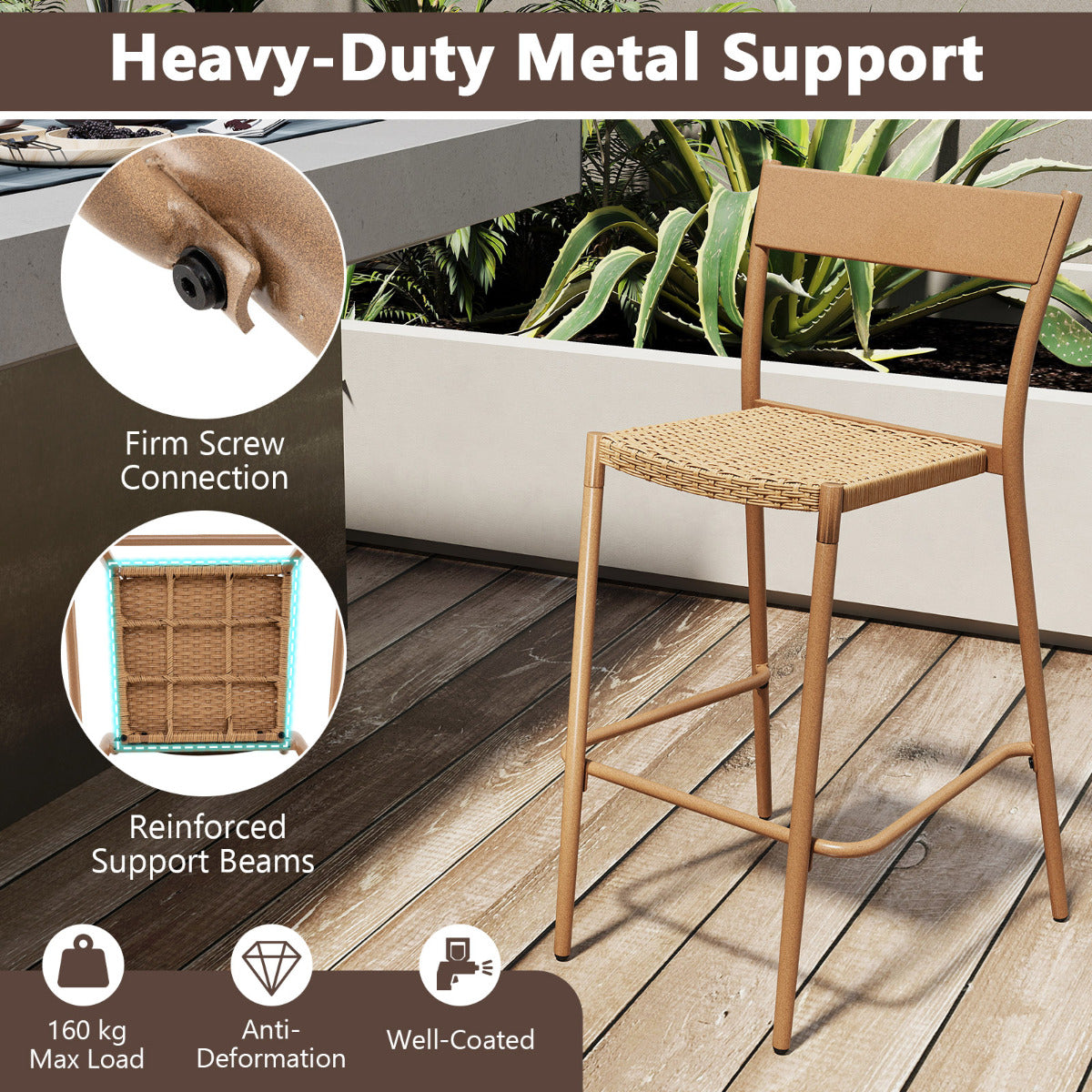3 Pieces Patio Bar Table Set with Rattan Seat and Slanted Backrest-Brown