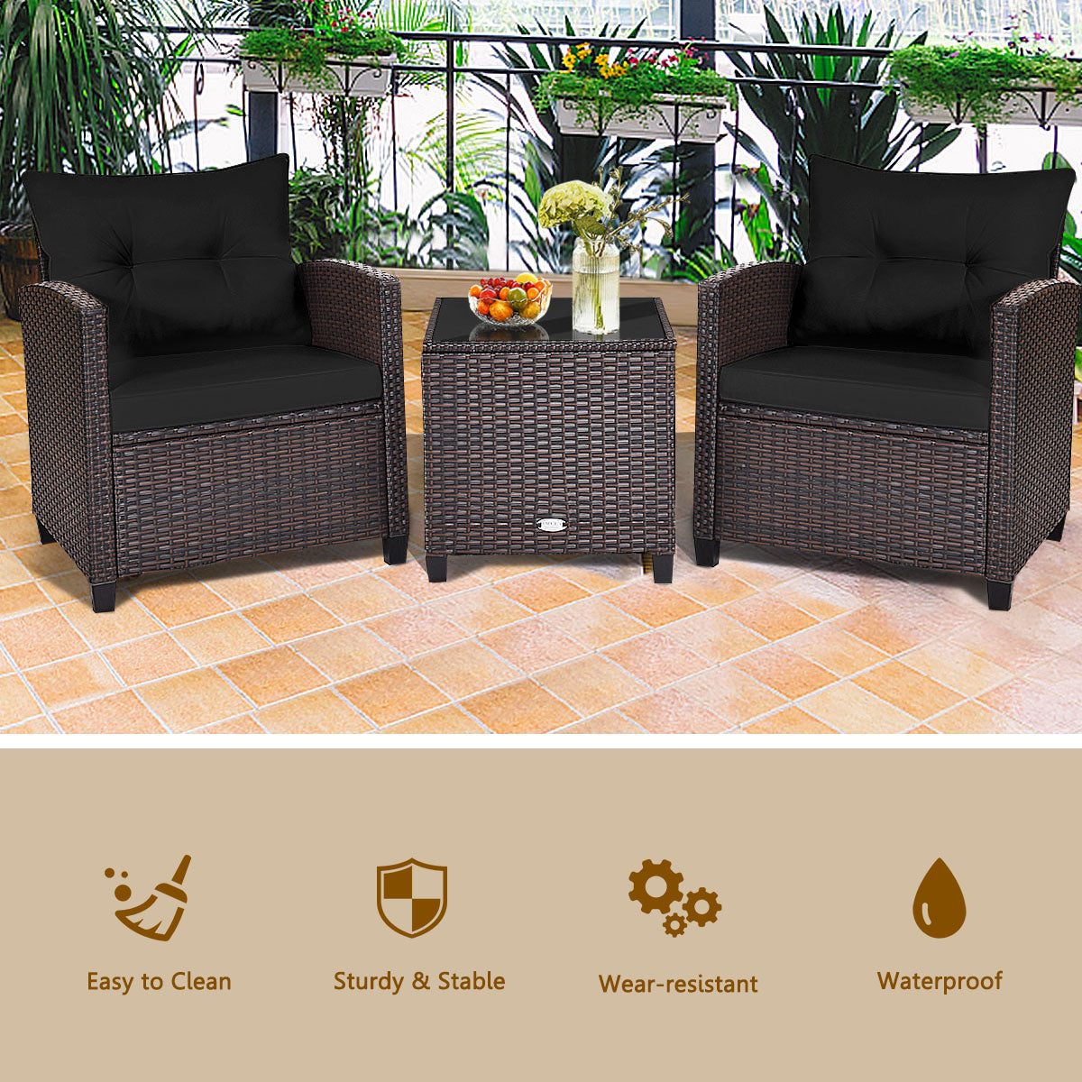 3 Pieces PE Rattan Wicker Outdoor Sofa Patio Lounge Set-Black
