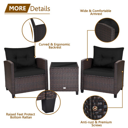 3 Pieces PE Rattan Wicker Outdoor Sofa Patio Lounge Set-Black