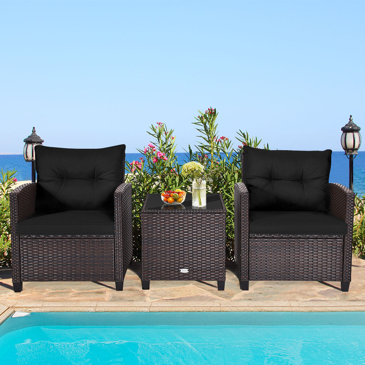 3 Pieces PE Rattan Wicker Outdoor Sofa Patio Lounge Set-Black