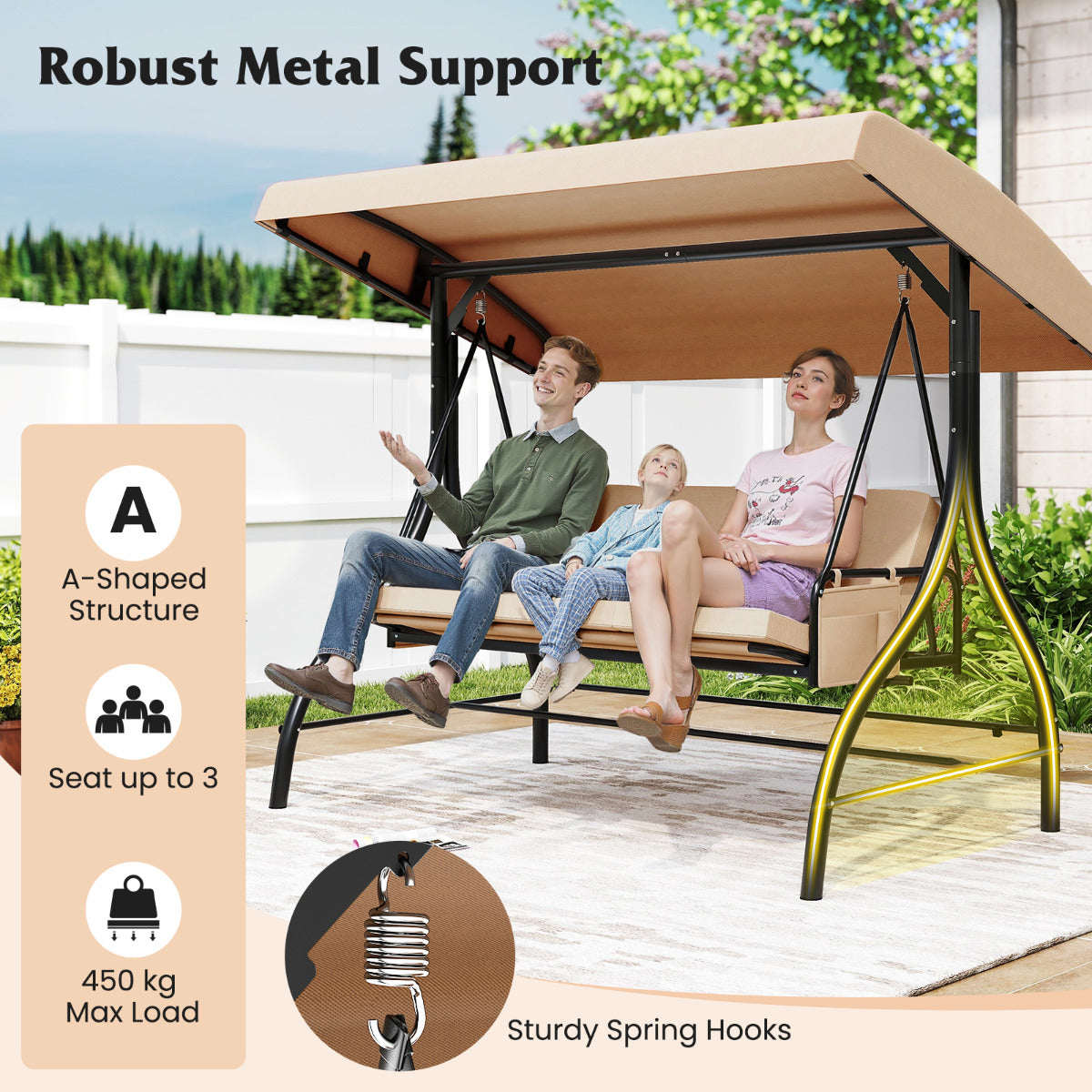 3-Seat Patio Swing with Canopy and Removable Cushions-Beige