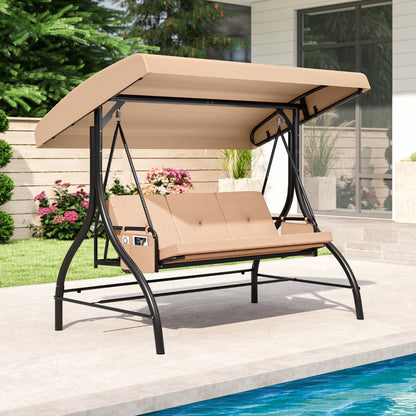 3-Seat Patio Swing with Canopy and Removable Cushions-Beige