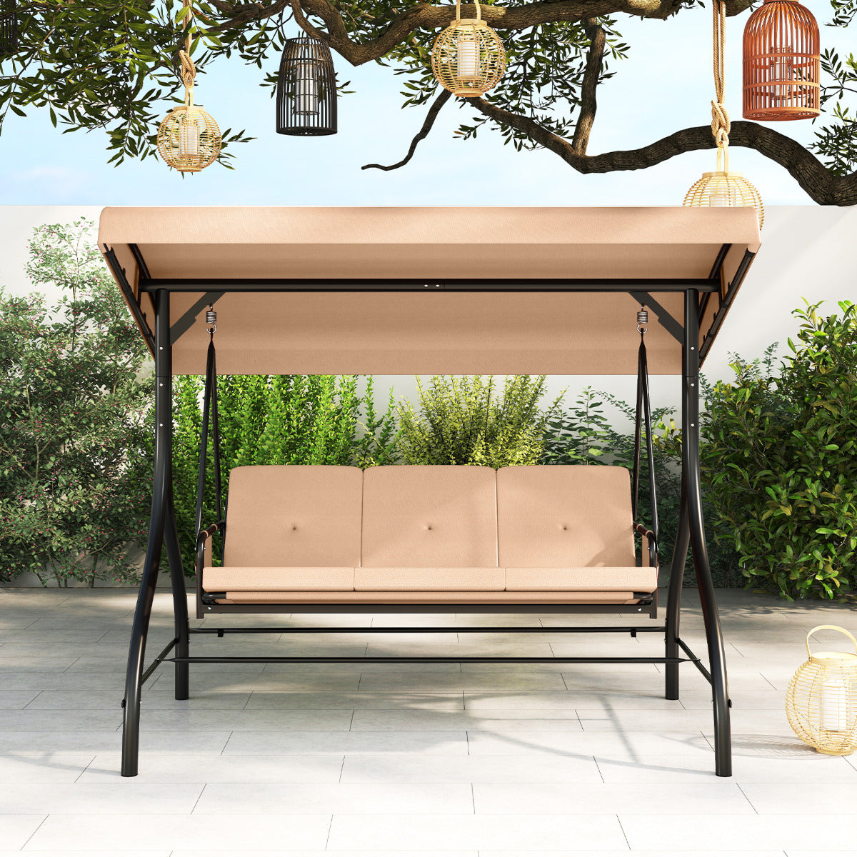 3-Seat Patio Swing with Canopy and Removable Cushions-Beige