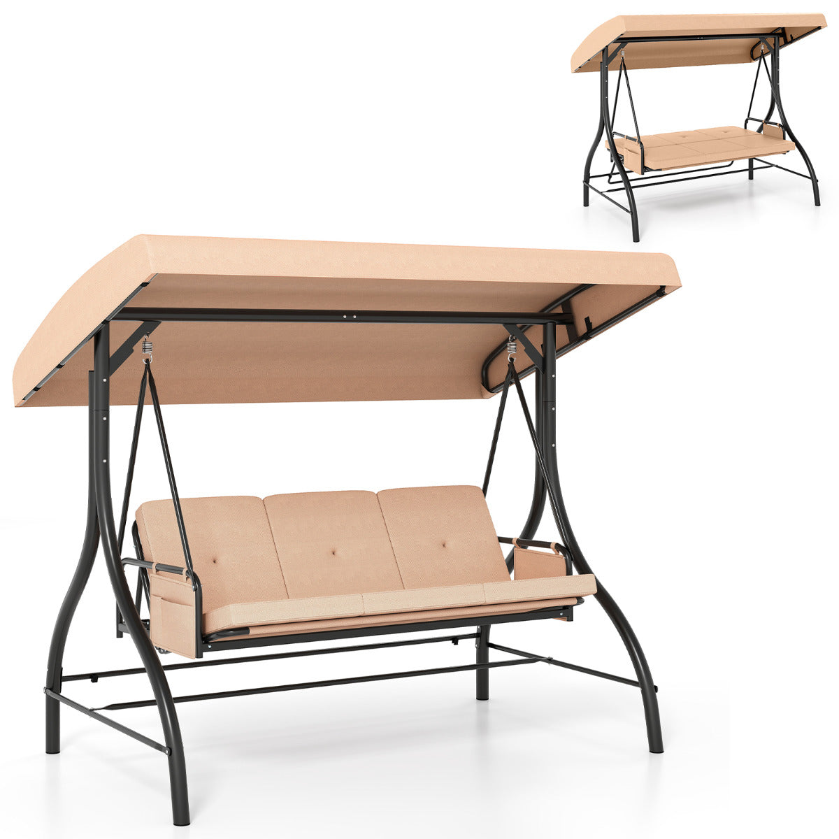 3-Seat Patio Swing with Canopy and Removable Cushions-Beige