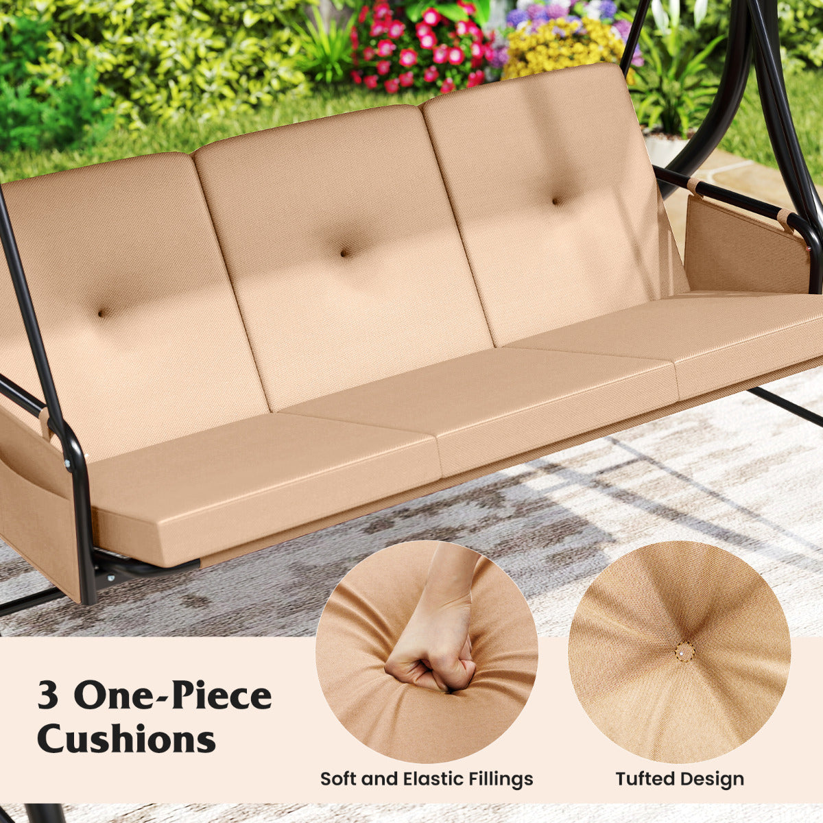 3-Seat Patio Swing with Canopy and Removable Cushions-Beige