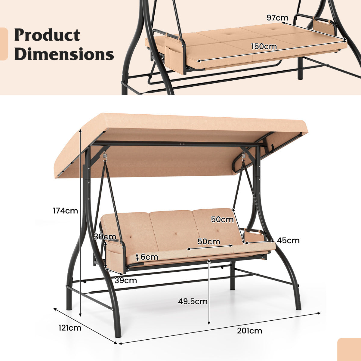 3-Seat Patio Swing with Canopy and Removable Cushions-Beige
