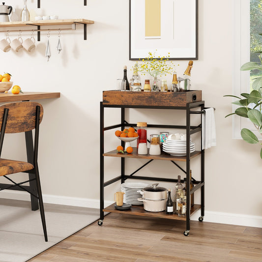 Costway 3-Tier Bar Cart Industrial Serving Cart with Detachable Tray-Rustic Brown