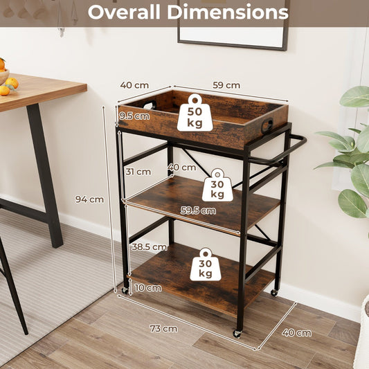 3-tier rolling bar cart with open shelves for wines, snacks, tableware, and kitchen supplies