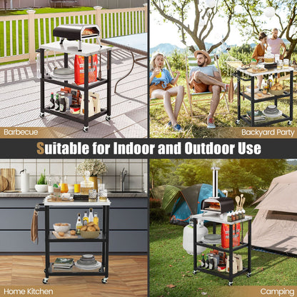 Three-tier outdoor cart includes two shelves for ingredients, cookware, tools, and grilling supplies