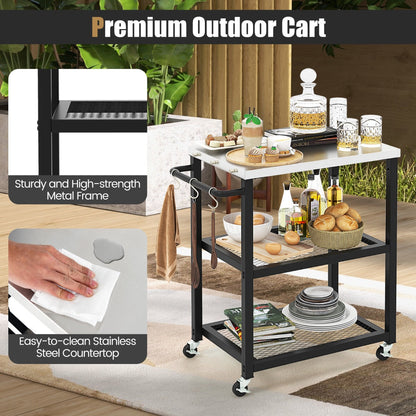 Four universal wheels and a side handle make the outdoor serving cart easy to move around