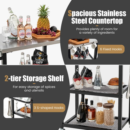 Each shelf supports up to 20kg while the stainless steel countertop offers durable performance