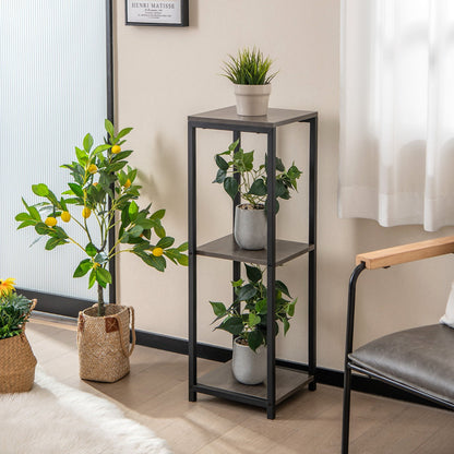 Wood-look veneered shelves add a mid-century touch while remaining easy to clean and maintain