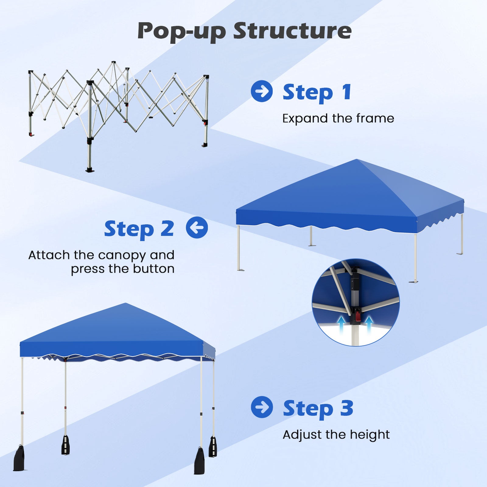 3 x 3 m Pop up Canopy Tent Foldable with Wheeled Bag and 4 Sandbags-Blue