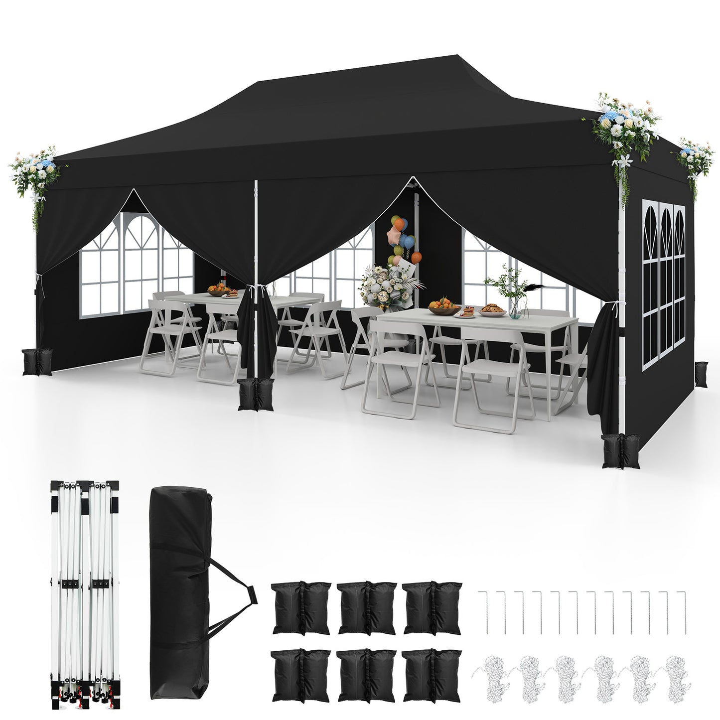 3 x 6 M Canopy with 6 Detachable Sidewalls-Black