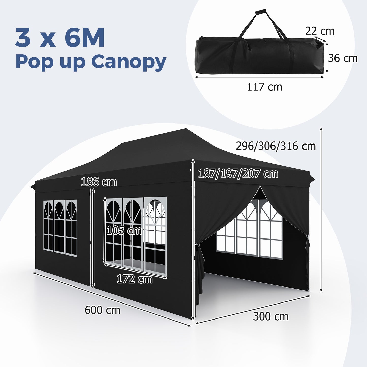 3 x 6 M Canopy with 6 Detachable Sidewalls-Black