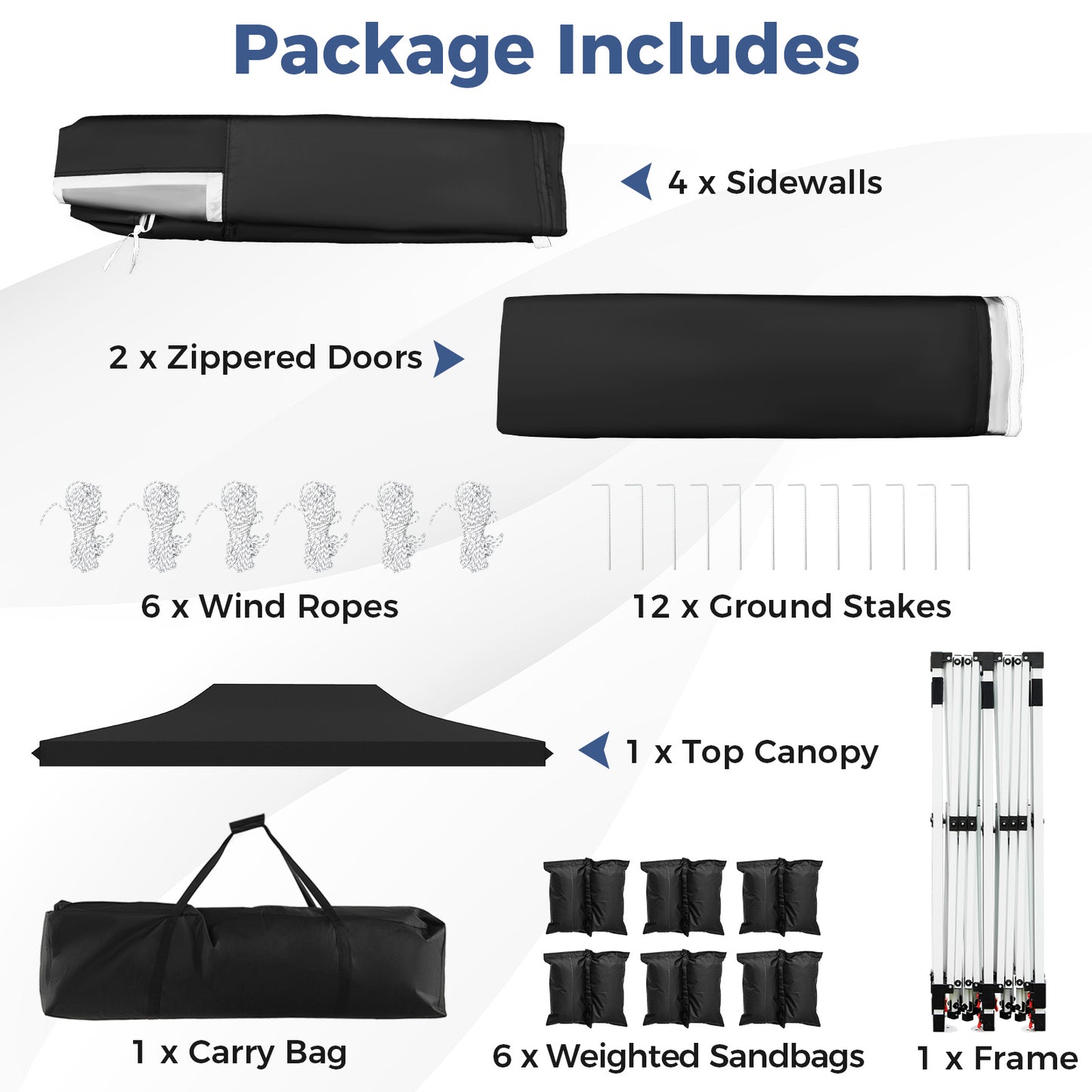 3 x 6 M Canopy with 6 Detachable Sidewalls-Black