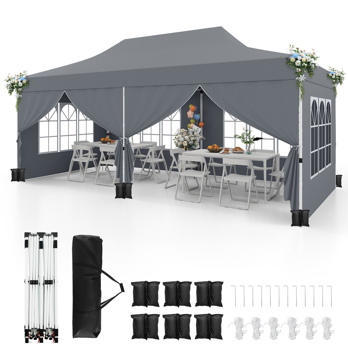 3 x 6 M Canopy with 6 Detachable Sidewalls-Grey