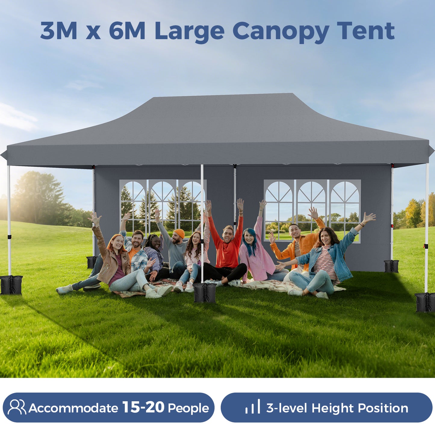 3 x 6 M Canopy with 6 Detachable Sidewalls-Grey