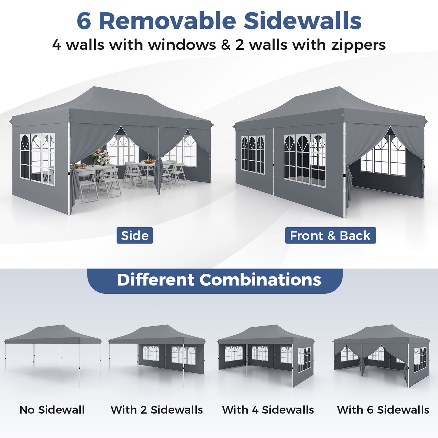 3 x 6 M Canopy with 6 Detachable Sidewalls-Grey