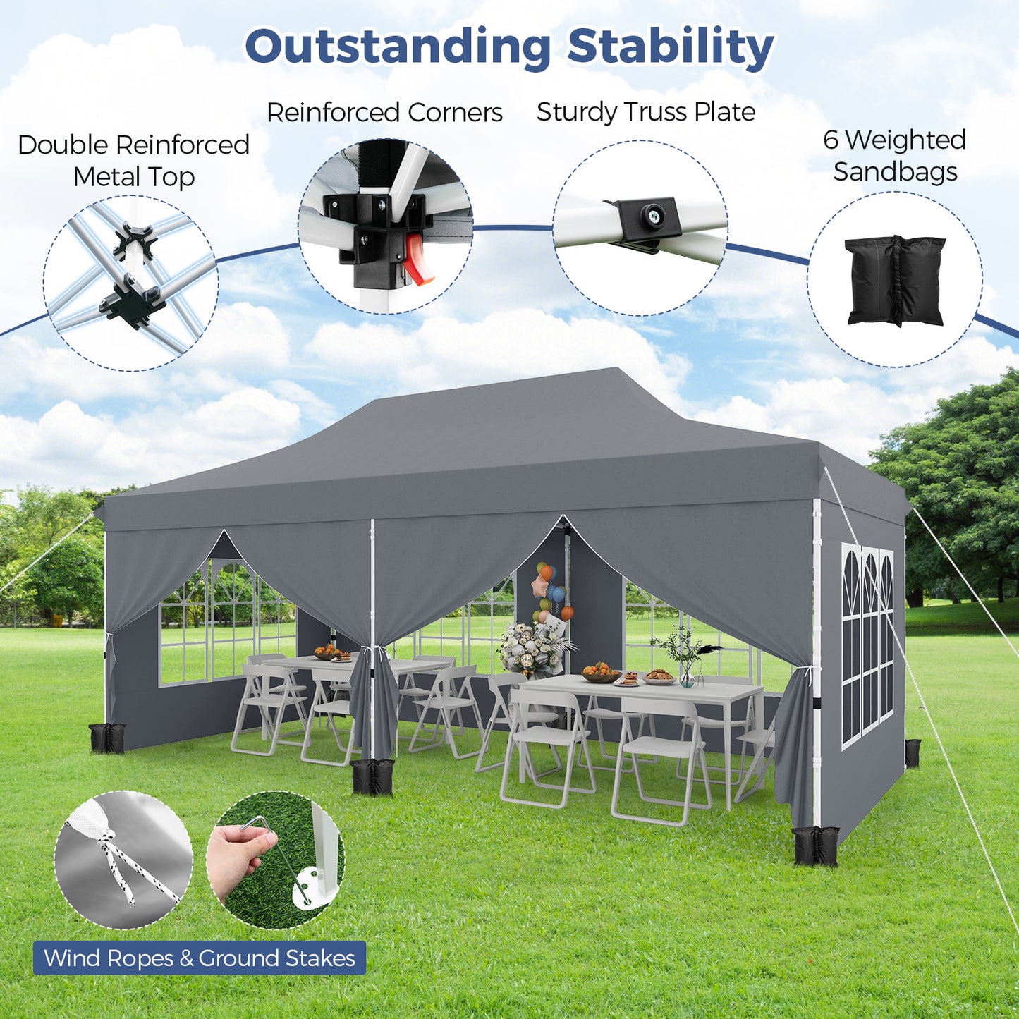 3 x 6 M Canopy with 6 Detachable Sidewalls-Grey