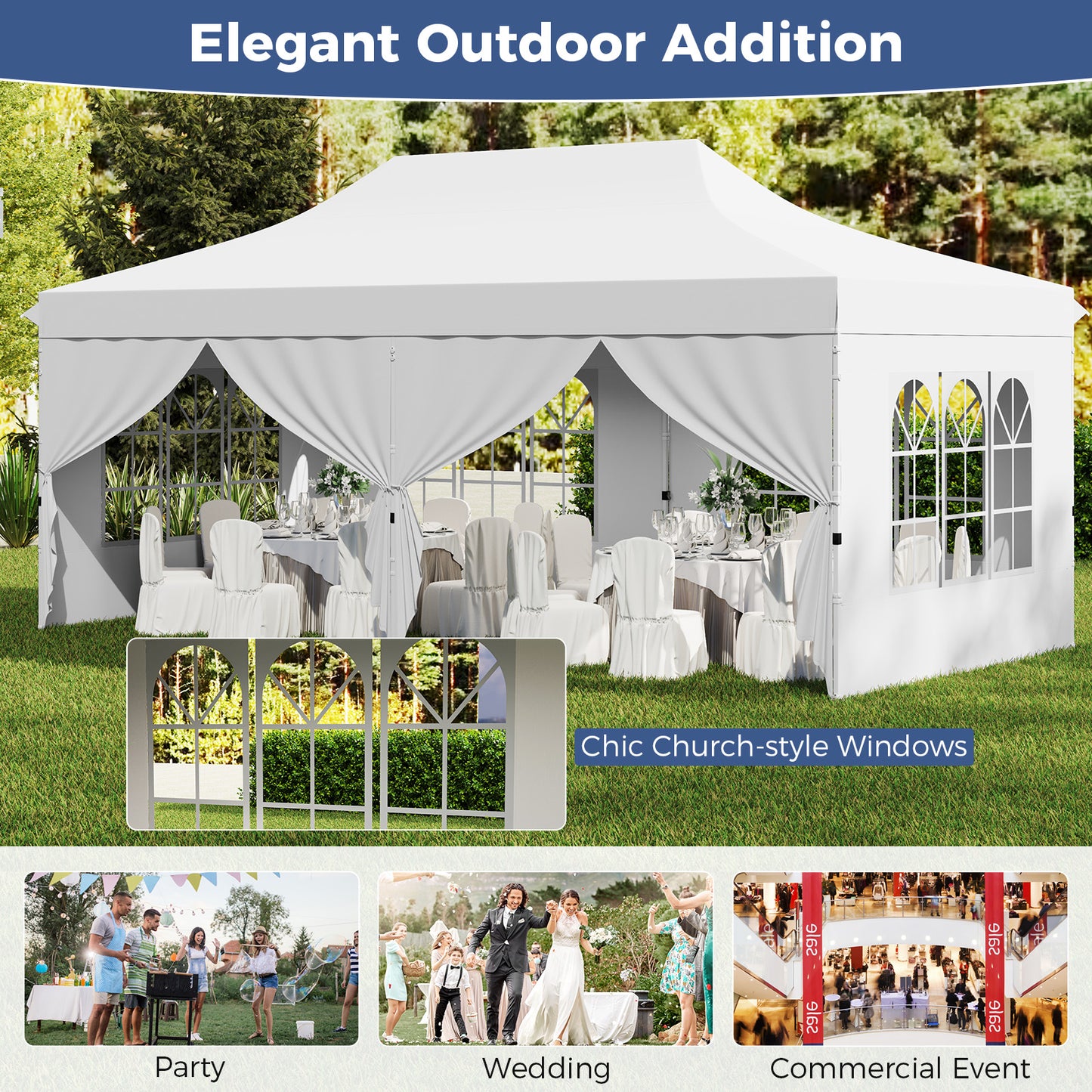3 x 6 M Canopy with 6 Detachable Sidewalls-White