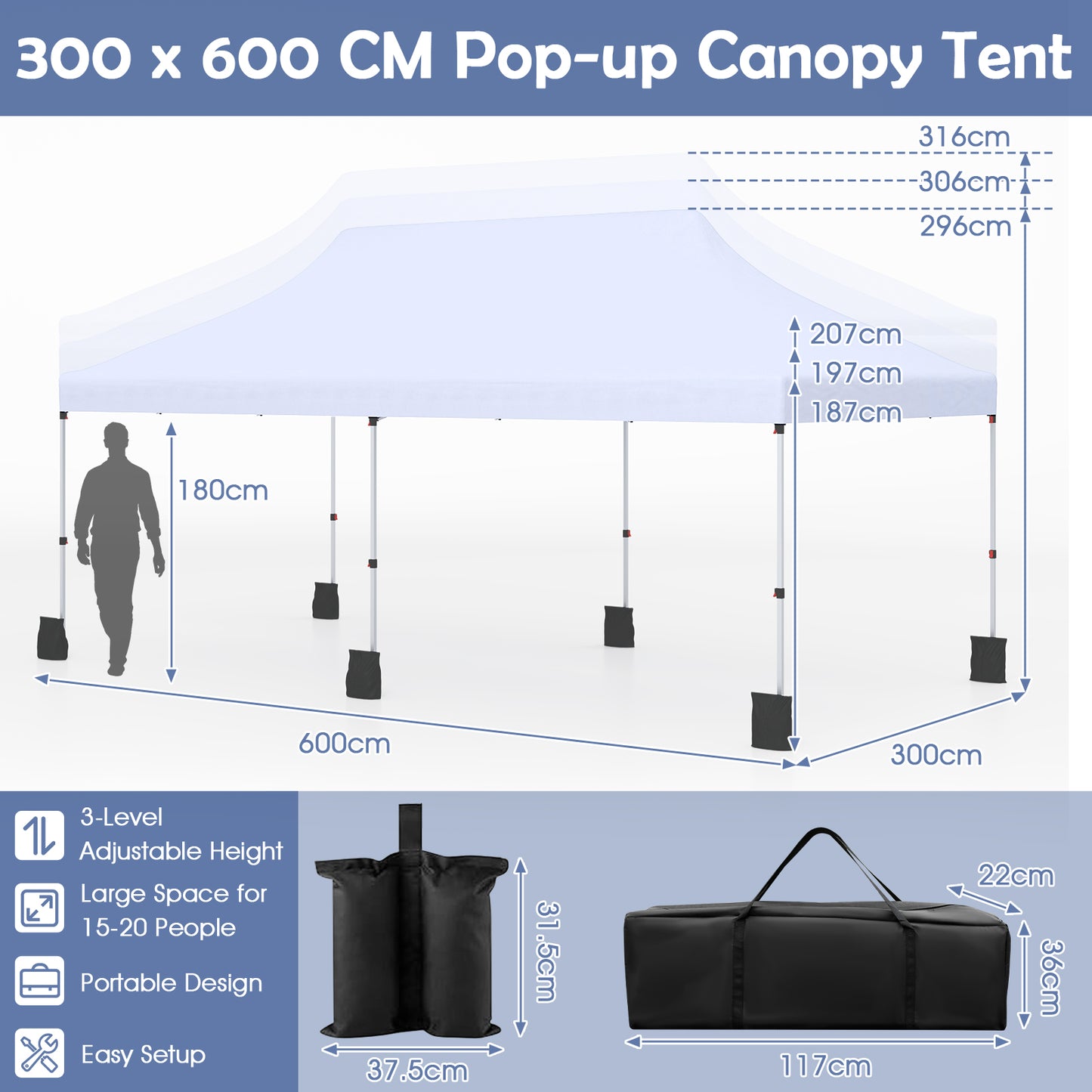 3 x 6 M Pop-up Canopy Tent with Carrying Bag for Patio, Garden, Beach, Wedding, BBQ-White