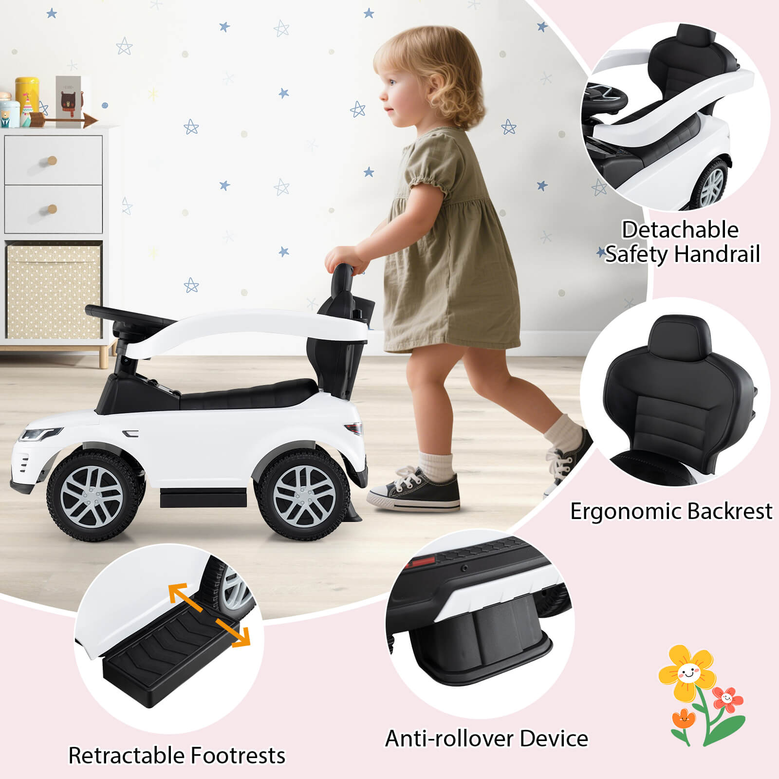 3-in-1 Push Car for Toddlers with Removable Handle Licensed Land Rover Discovery-White