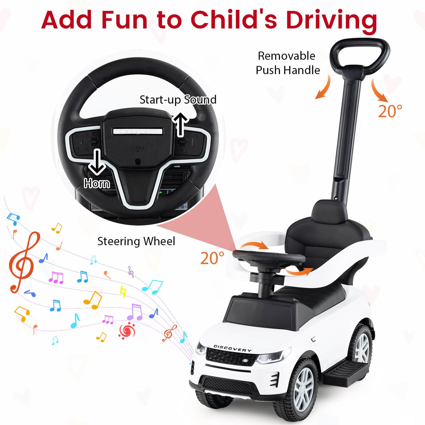 3-in-1 Push Car for Toddlers with Removable Handle Licensed Land Rover Discovery-White