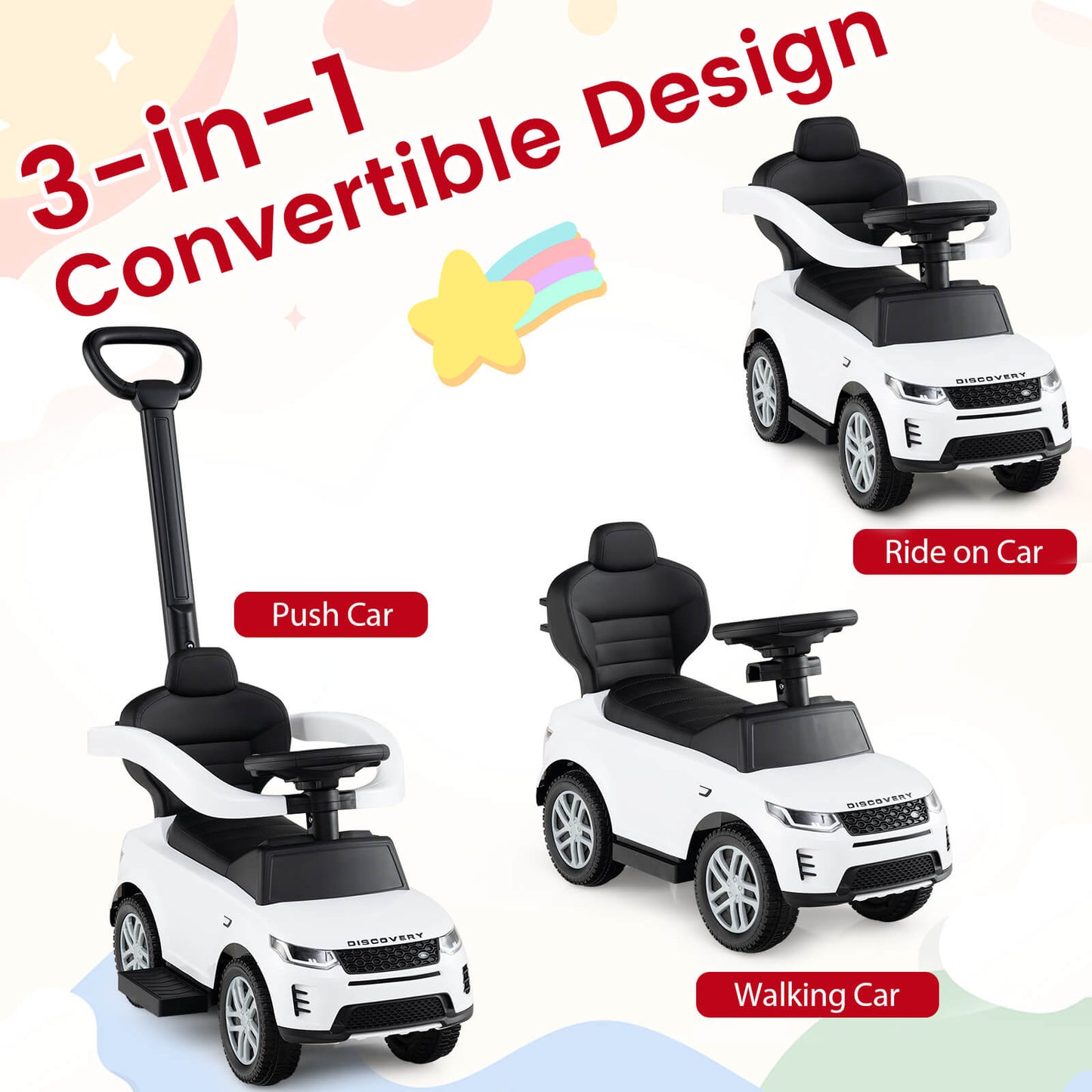 3-in-1 Push Car for Toddlers with Removable Handle Licensed Land Rover Discovery-White