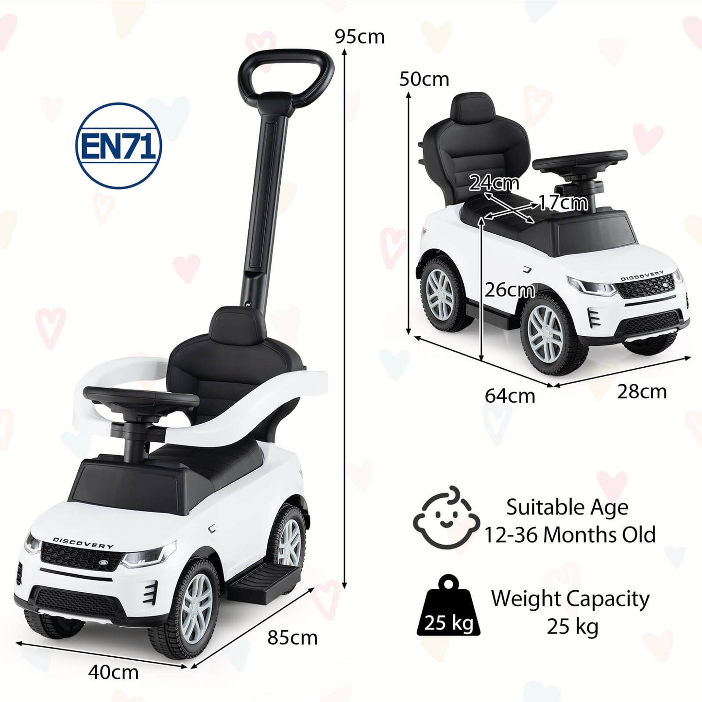 3-in-1 Push Car for Toddlers with Removable Handle Licensed Land Rover Discovery-White