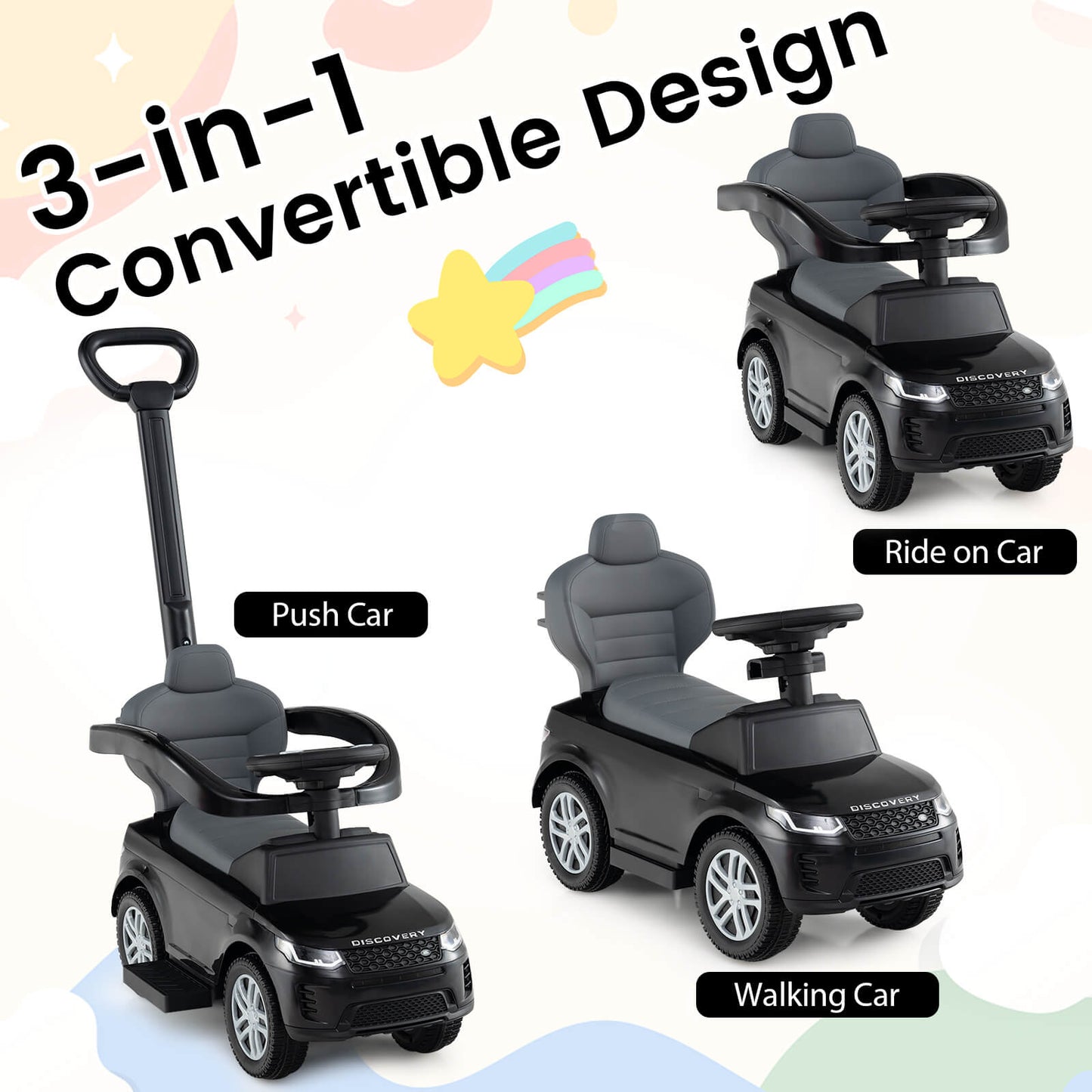 3-in-1 Push Car for Toddlers with Removable Handle Licensed Land Rover Discovery-Black