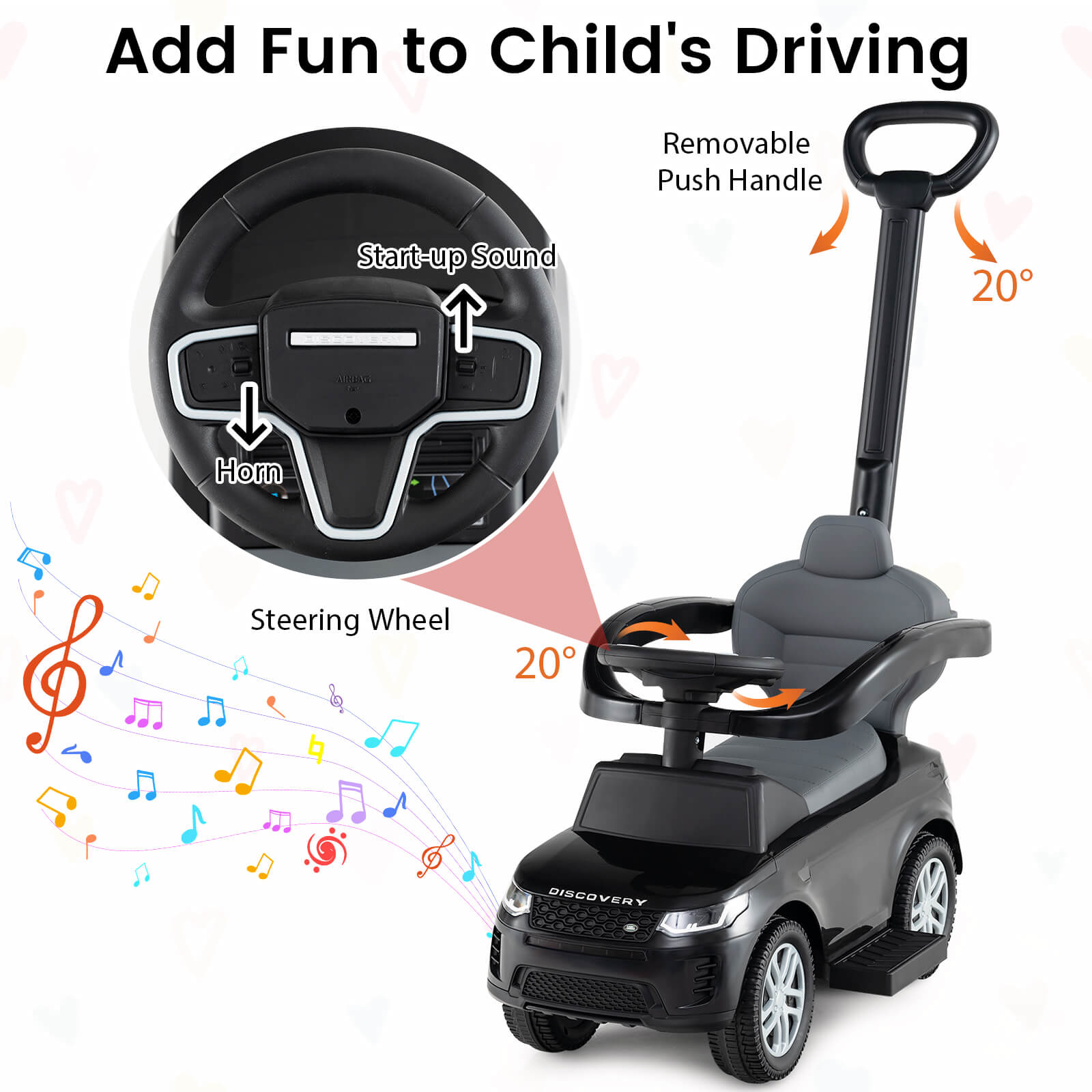 3-in-1 Push Car for Toddlers with Removable Handle Licensed Land Rover Discovery-Black