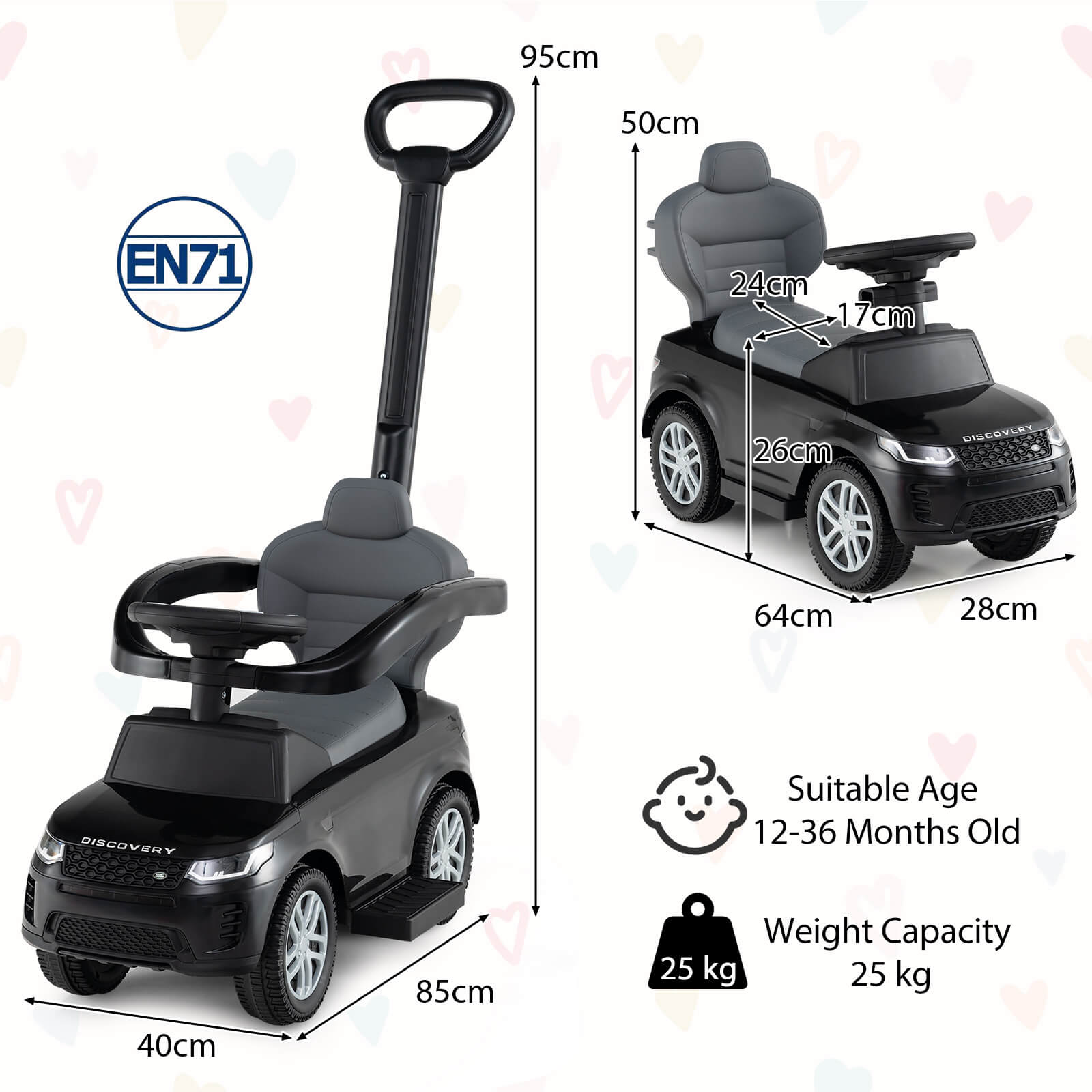 3-in-1 Push Car for Toddlers with Removable Handle Licensed Land Rover Discovery-Black
