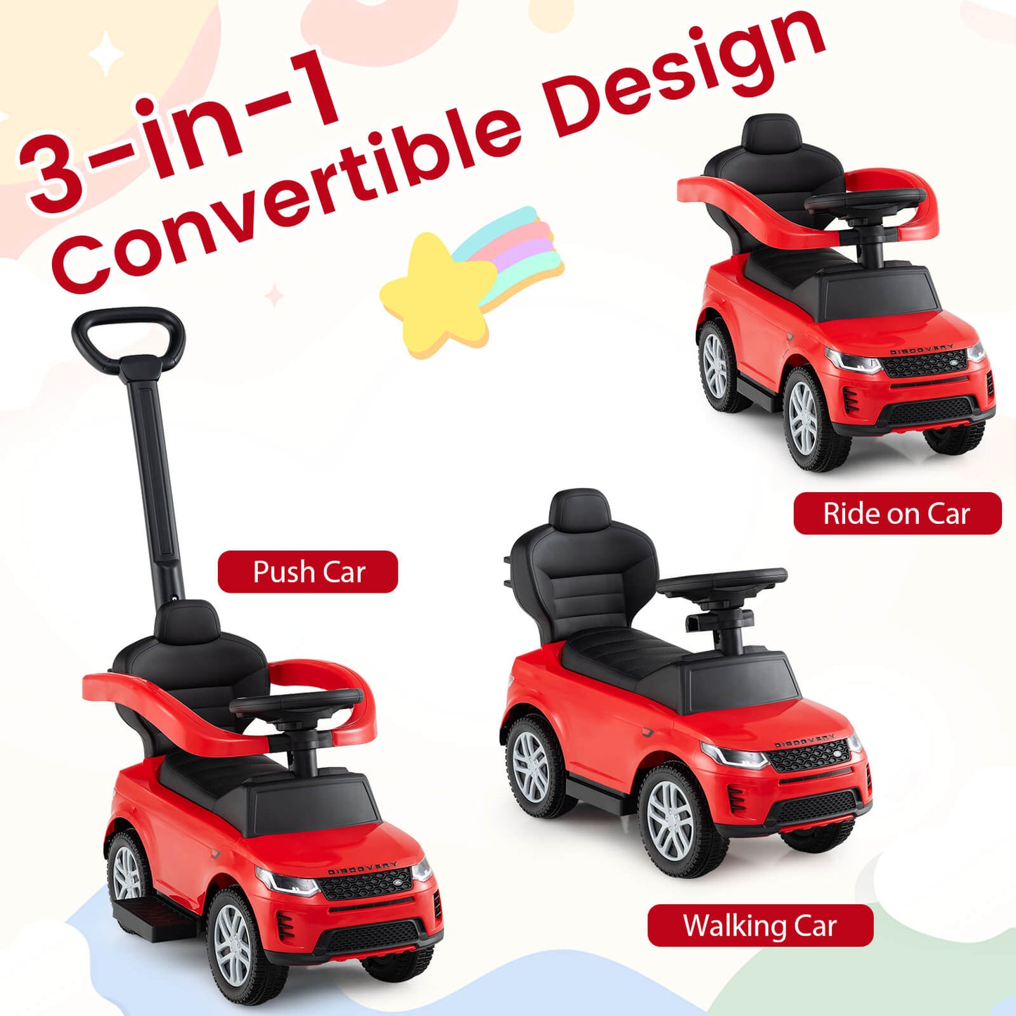 3-in-1 Push Car for Toddlers with Removable Handle Licensed Land Rover Discovery-Red