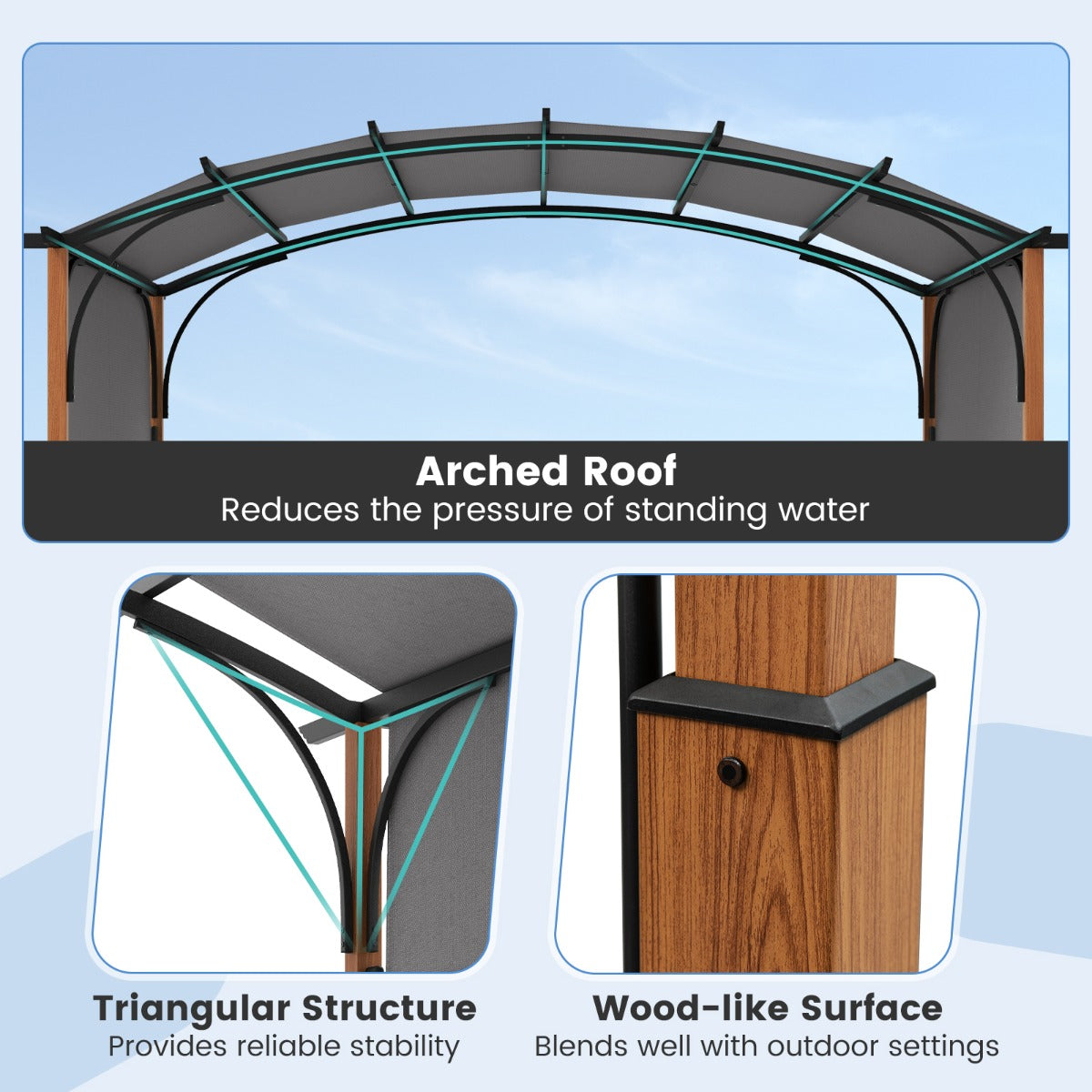 3m x 3.6m Outdoor Arched Patio Pergola with Retractable Canopy-Grey