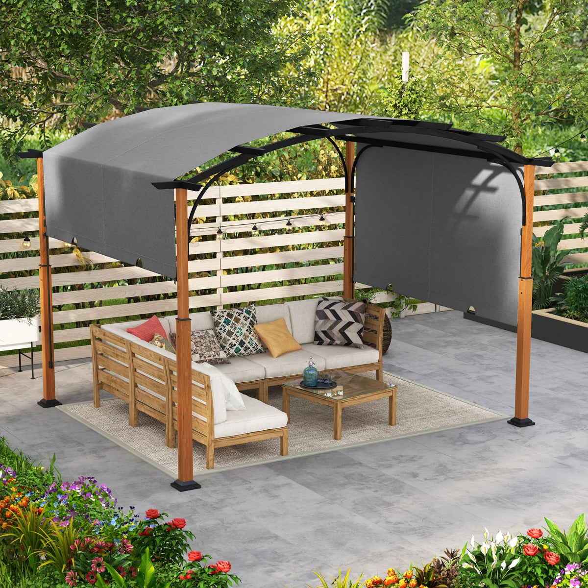 3m x 3.6m Outdoor Arched Patio Pergola with Retractable Canopy-Grey